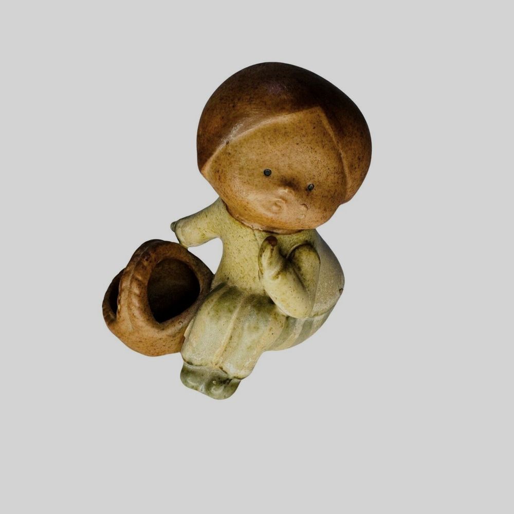 Vintage UCTCI Stoneware Japan Child Sitting w/ Basket Figurine 3" 1970s